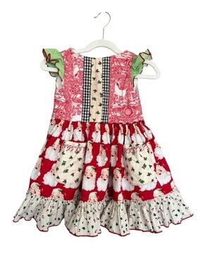 Olive Mae Christmas Dress 3T Handmade Santa Print Patchwork